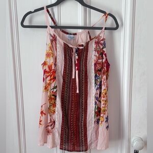Women’s Guru Pink /Multi Floral Pattern Spaghetti Strap Tank Tie Neck Size M